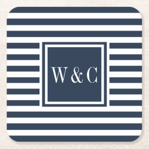 Preppy Navy-blauw en Wit Streep Monogram Vierkante Kartonnen Onderzetter