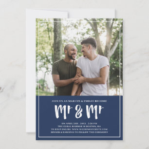 Preppy Navy Blue Mr & Mr Brush Script Wedding Kaart