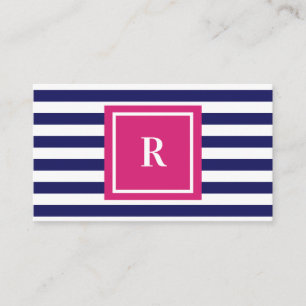 Preppy Navy Blue Stripes & Hot Pink Monogram Visitekaartje