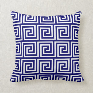 Preppy Navy Blue White - Grieks sleutelpatroon Kussen