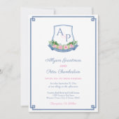 Preppy Navy en Roze Monogram Crest Wedding Kaart (Voorkant)