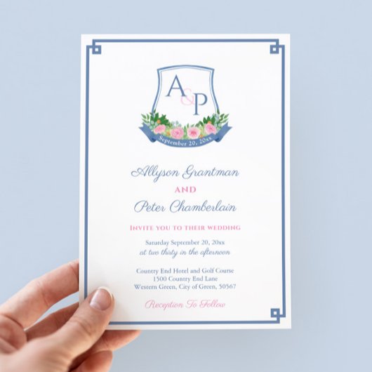 Preppy Navy en Roze Monogram Crest Wedding Kaart