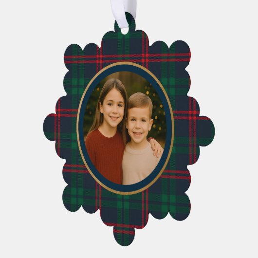 Preppy Navy Tartan Plaid Christmas Photo Ornament Kaart (Links)