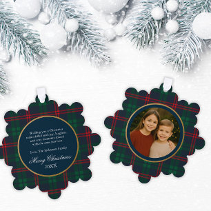 Preppy Navy Tartan Plaid Kerst Foto Ornament Kaart