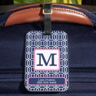 Preppy Navy Witte Achthoek Monogram Aangepast Bagagelabel