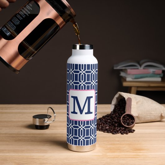 Preppy Navy Witte Octagon Monogram Koffie Waterfles (Koffie)