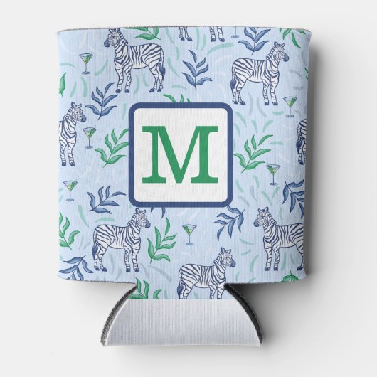 Preppy Navy Zebra Martinis Blauw Monogram Blikjeskoeler (Voorkant)