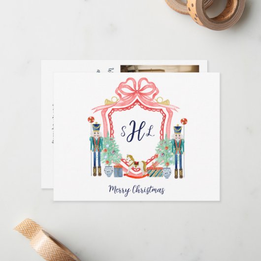 Preppy Nutcracker Monogramme Photo Carte de Noël (Devant/Arrière en situation)