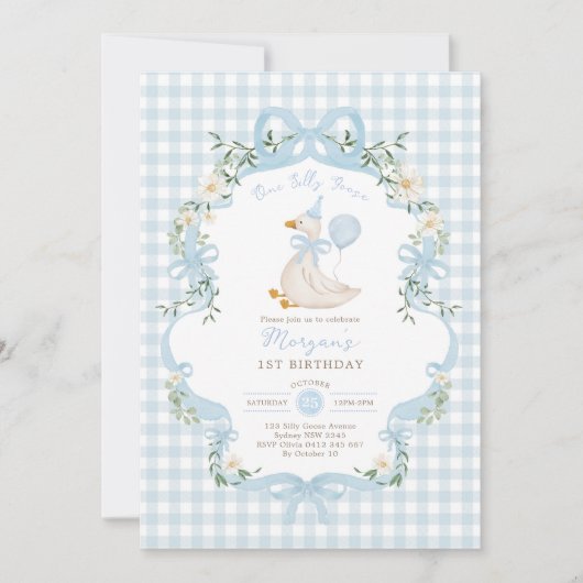 Preppy One Gekke Goose Blue Bow 1st Birthday Kaart (Voorkant)