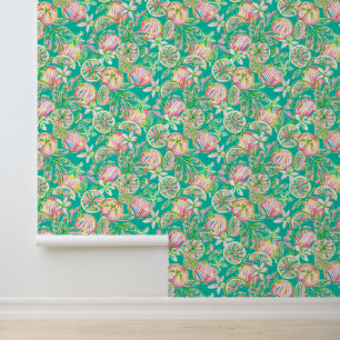 Preppy Palm Beach Blauwgroen & roze Sinaasappels Behang