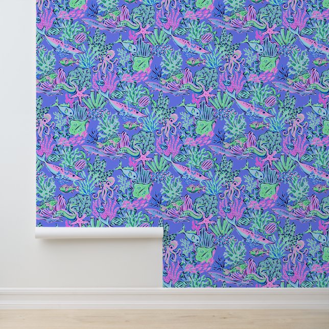 Preppy Palm Beach Lavendel Ocean Sealife Behang (Applicatie)