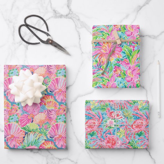 Preppy Palm Beach Ocean Shell krab bloemen patroon Inpakpapier Vel (Voorkant)
