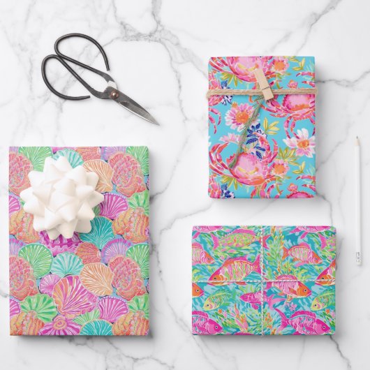 Preppy Palm Beach Ocean Shell Krab Fish Pattern Inpakpapier Vel (Voorkant)