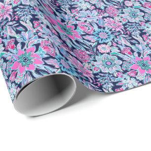 Preppy Palm Beach Print Blauwe en roze bloemen Cadeaupapier