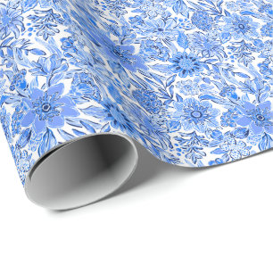 Preppy Palm Beach Print Blauwe en witte bloemen Cadeaupapier