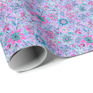 Preppy Palm Beach Print Lavendel en roze bloemen Cadeaupapier
