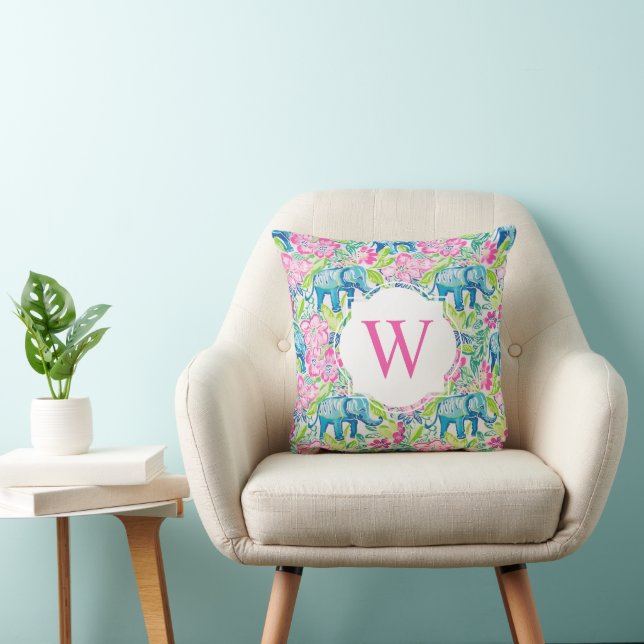 Preppy Palm Beach Print Olifant Bloemen Monogram Kussen (Stoel)