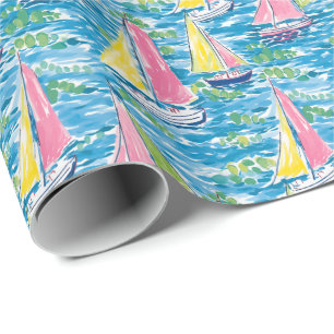 Preppy Palm Beach Print Roze en gele zeilboten Cadeaupapier