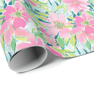 Preppy Palm Beach Print Roze en groene bloemen Cadeaupapier