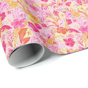 Preppy Palm Beach Print Roze en Oranje Giraffes Cadeaupapier