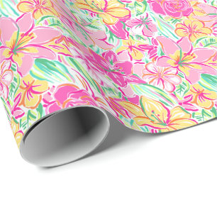 Preppy Palm Beach Print roze & gele lelie bloemen Cadeaupapier