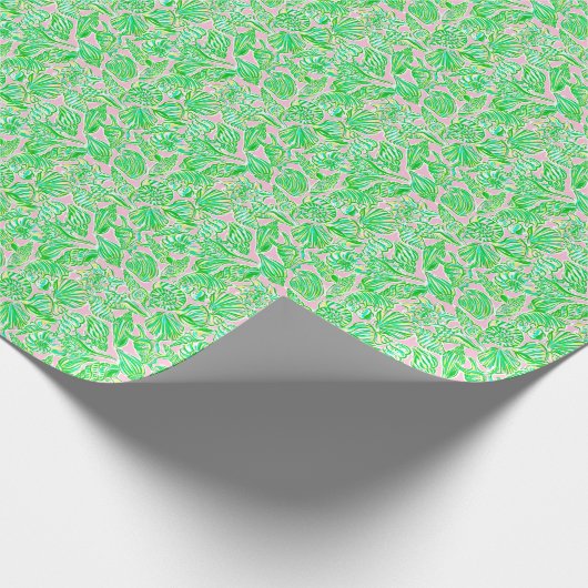 Preppy Palm Beach Print roze & groene zeeschelpen Cadeaupapier (Hoek)