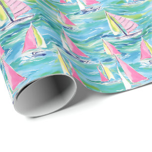 Preppy Palm Beach Print Roze zeilboten Cadeaupapier