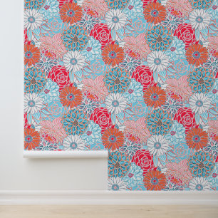Preppy Palm Beach Rood Sinaasappel en Blauwe Bloem Behang