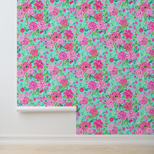 Preppy Palm Beach Roze & Aqua Bloemen Behang