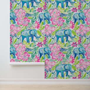 Preppy Palm Beach Roze en Blauwe Olifanten Behang