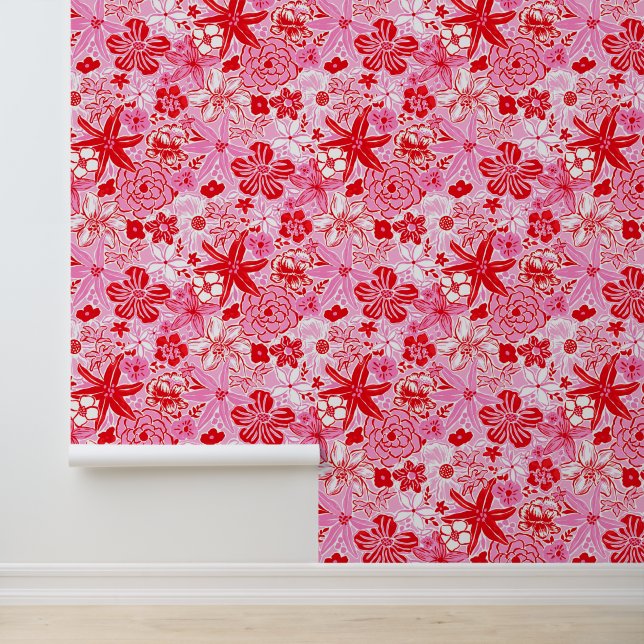 Preppy Palm Beach Roze en rode bloemen Behang (Applicatie)