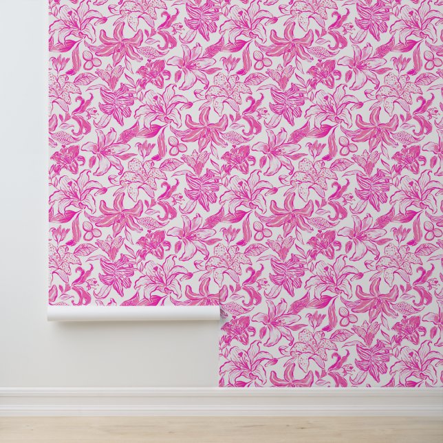 Preppy Palm Beach Roze en witte bloemen Behang (Applicatie)