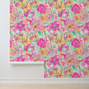 Preppy Palm Beach roze & gele bloemen Behang