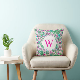 Preppy Palm Beach roze groen vakantie monogram Kussen