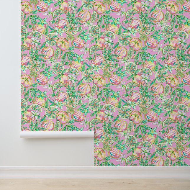 Preppy Palm Beach Roze & Groene Sinaasappels Behang (Applicatie)