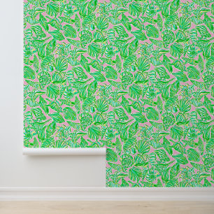 Preppy Palm Beach roze & groene zeeschelpen Behang