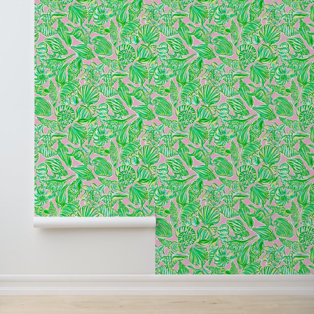 Preppy Palm Beach roze & groene zeeschelpen Behang (Applicatie)