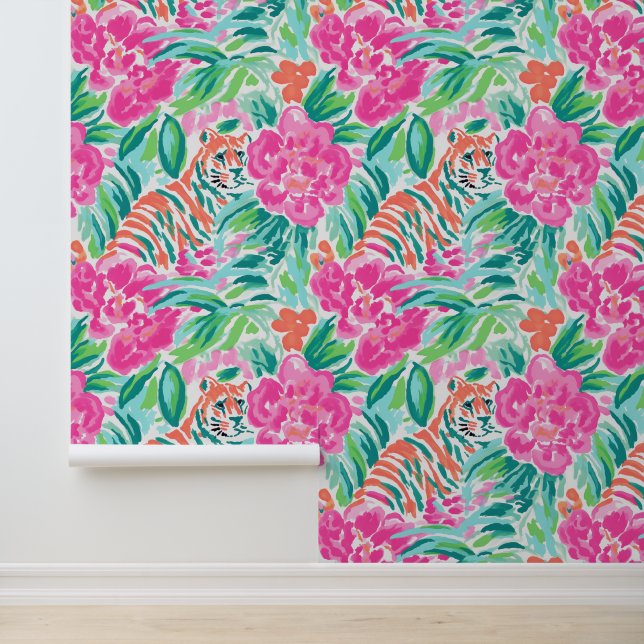 Preppy Palm Beach Tijgers en tropische bloemen Behang (Applicatie)