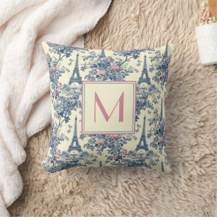 Preppy Paris Toile Roze en Blauw Monogram Kussen