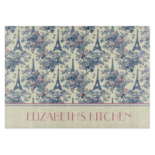 Preppy Paris Toile Roze en Blauw Monogram Snijplank (Voorkant)