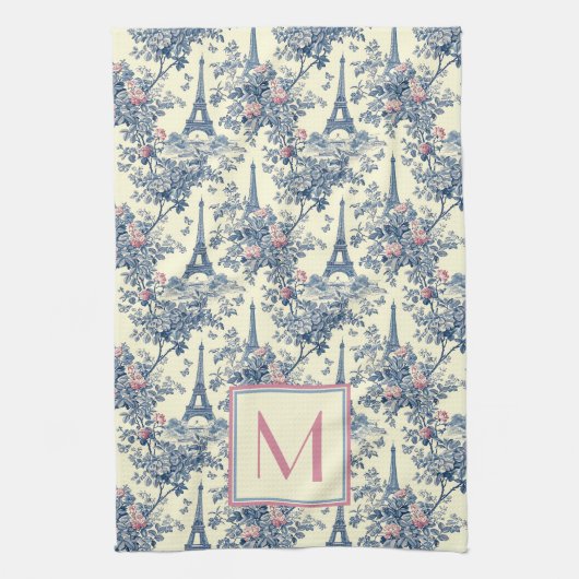 Preppy Paris Toile Roze en Blauw Monogram Theedoek (Verticaal)