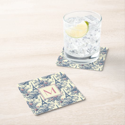 Preppy Paris Toile Roze en Blauw Monogram Vierkante Kartonnen Onderzetter (Insitu)