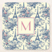 Preppy Paris Toile Roze en Blauw Monogram Vierkante Kartonnen Onderzetter (Voorkant)