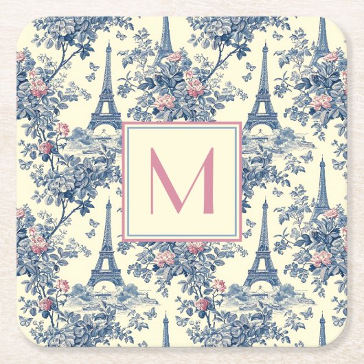 Preppy Paris Toile Roze en Blauw Monogram Vierkante Kartonnen Onderzetter (Voorkant)