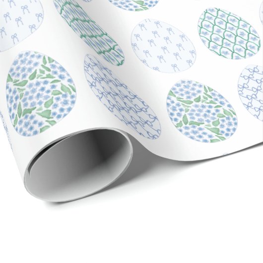 Preppy Pasen Blauw en Groen Hortensia Bow Trellis Cadeaupapier (Rol Hoek)