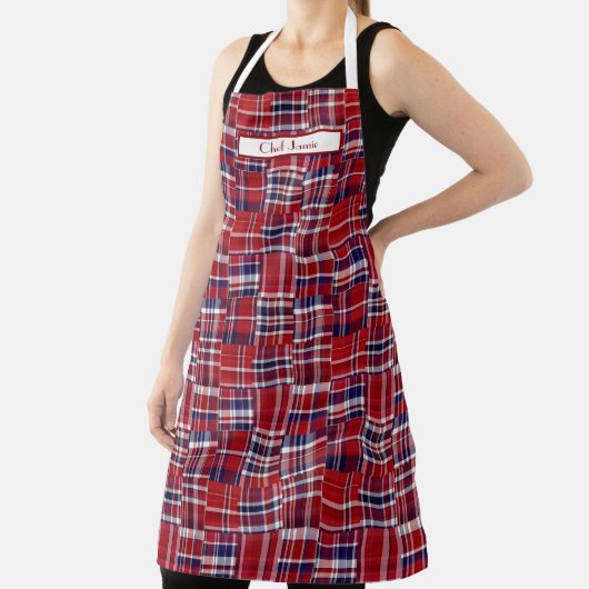 Preppy Patchwork Madras Deep Red Navy White Schort (Insitu)