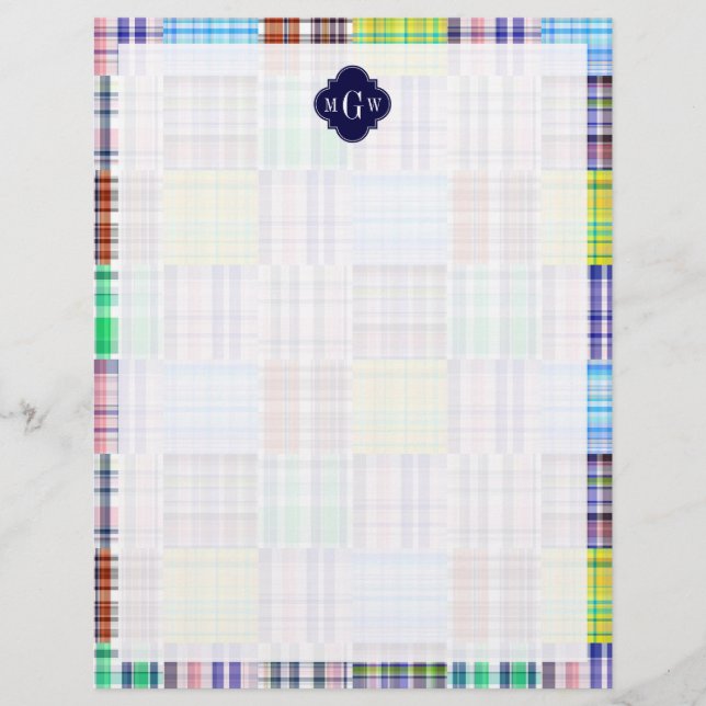 Preppy Patchwork Madras Navy Quatrefoil Monogram (Voorkant)