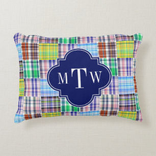 Preppy Patchwork Madras Navy Quatrefoil Monogram Accent Kussen