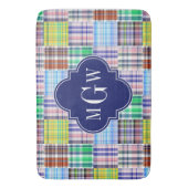 Preppy Patchwork Madras Navy Quatrefoil Monogram Badmat (Voorkant Verticaal)