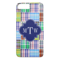 Preppy Patchwork Madras Navy Quatrefoil Monogram